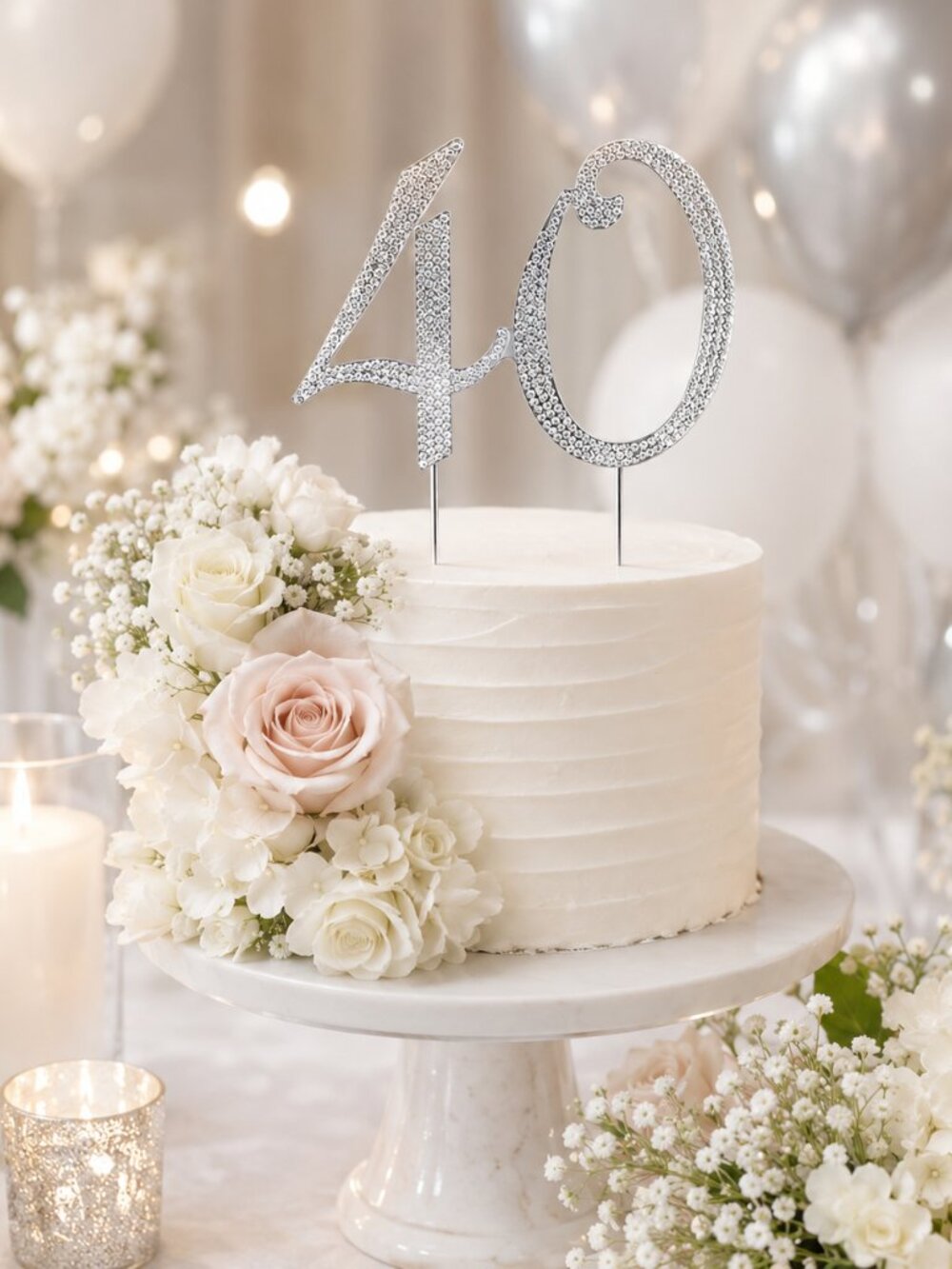 Rhinestone Cake Topper - Number 40 - Silver Metal with Czech Rhinestones